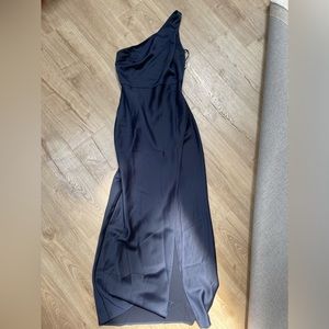 BHLDN Midnight Bridesmaids Dress. Dylan One Shoulder Satin Side Slit Gown